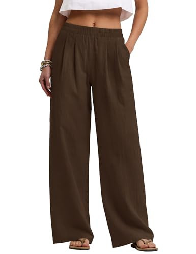 LOMON Beach Vacation Outfits for Women Wide Leg Palazzo Linen Pants Cotton Summer 2026 Flowy Clothes Trousers with Pockets (Coffee Brown, L) | Amazon (US)