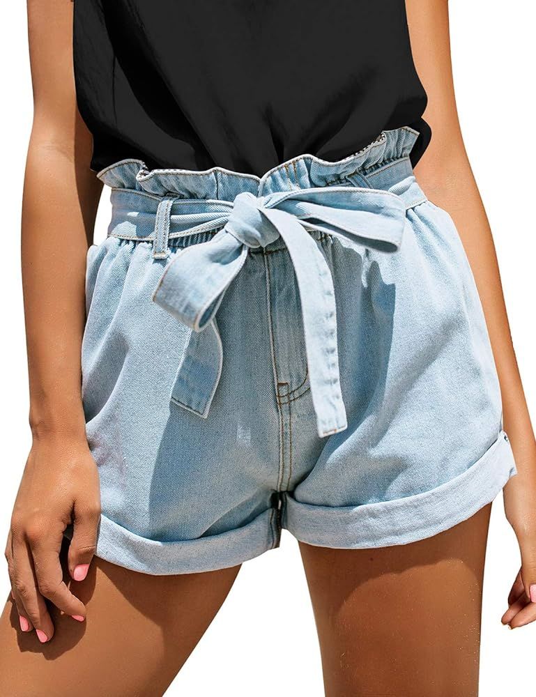 Women's Casual High Waisted Rolled Denim Shorts Bowknot Waist Jean Shorts | Amazon (US)
