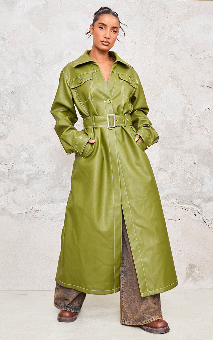 Olive Faux Leather Contrast Stitch Split Hem Trench Coat | PrettyLittleThing UK