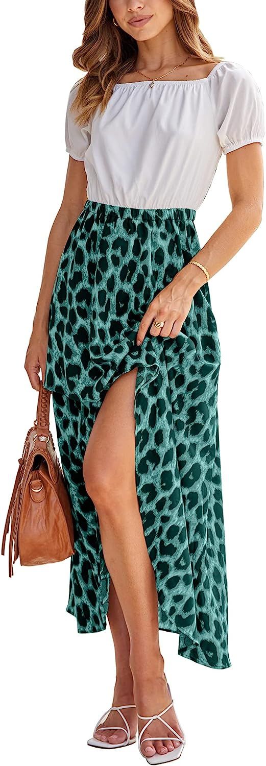 BTFBM Women Summer Dresses 2023 Casual Short Sleeve Off Shoulder Leopard Maxi Dresses Tiered Ruff... | Amazon (US)