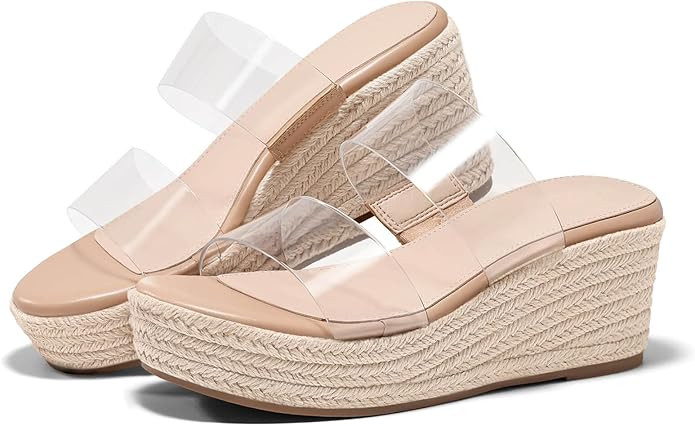 Coutgo Womens Platform Wedge Sandals Espadrille Raffia Heeled Slides Open Toe Two Band Summer Bea... | Amazon (US)