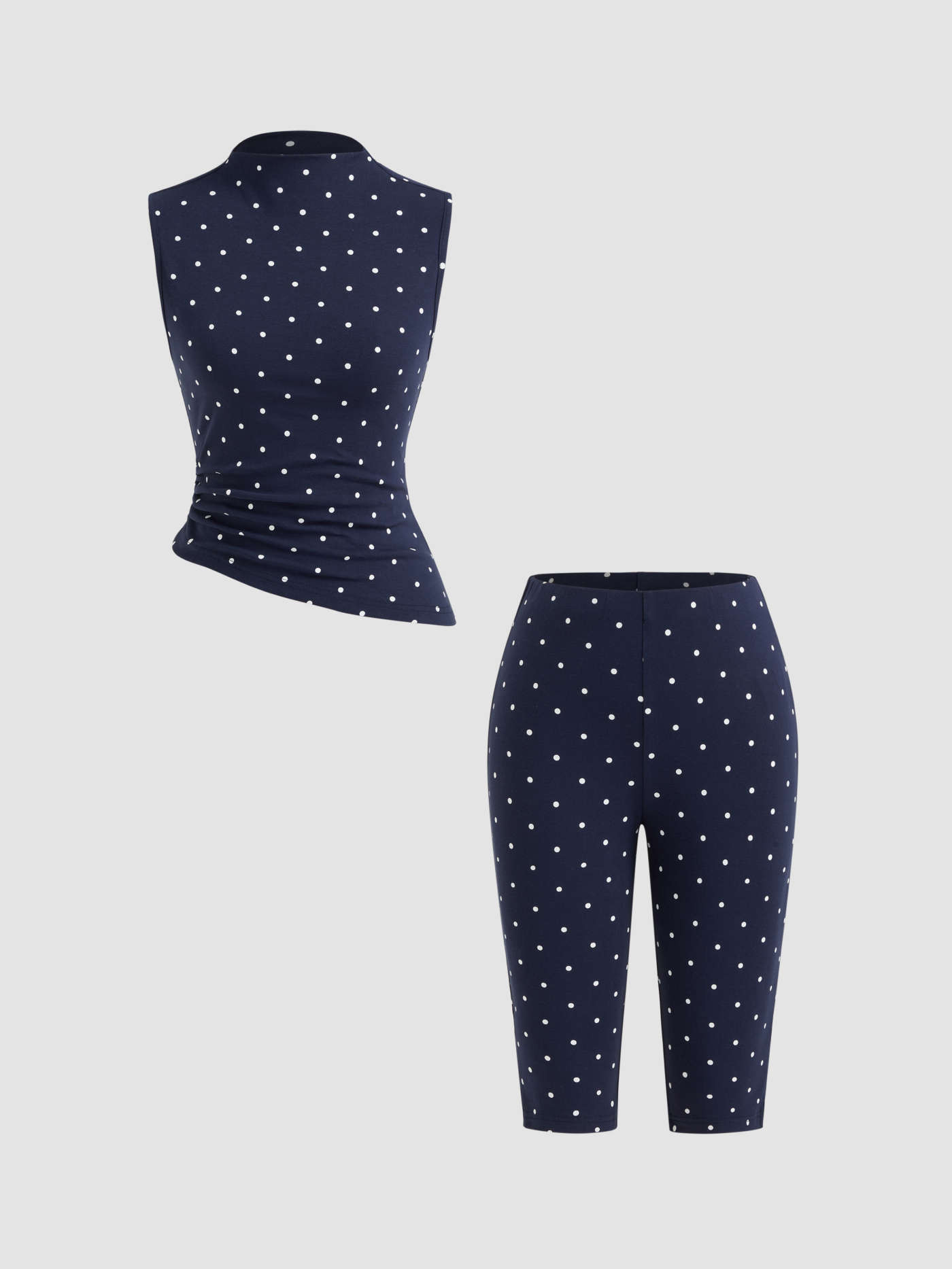 Cotton-blend High Neck Polka Dot Asymmetrical Hem Top & Mid Rise Capri Pants Set | Cider