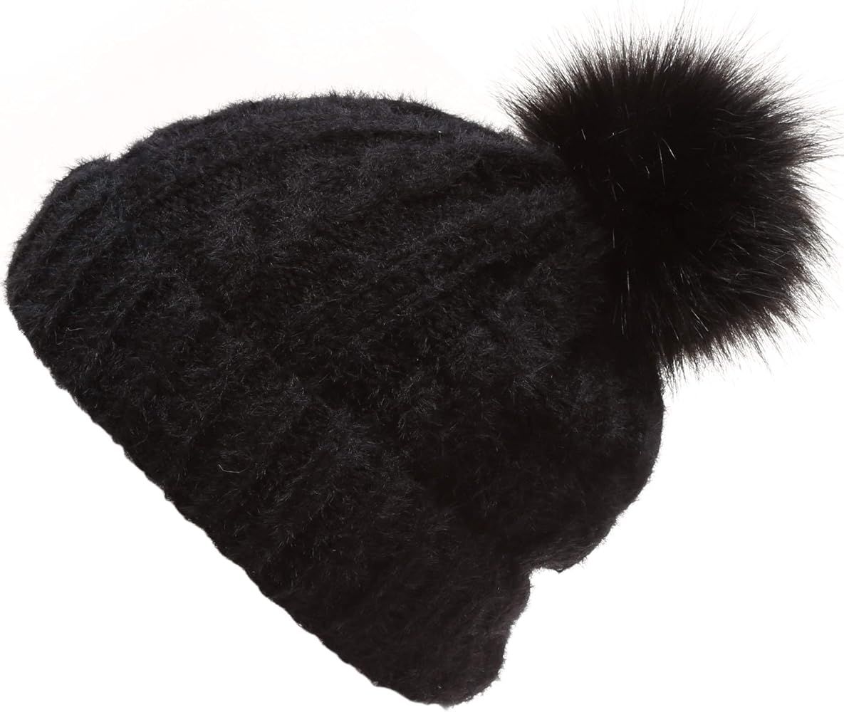 MIRMARU Women’s Winter Warm Stretchy Fuzzy Cable Knitted Faux Pom Pom Beanie Hat with Sherpa Lining | Amazon (US)
