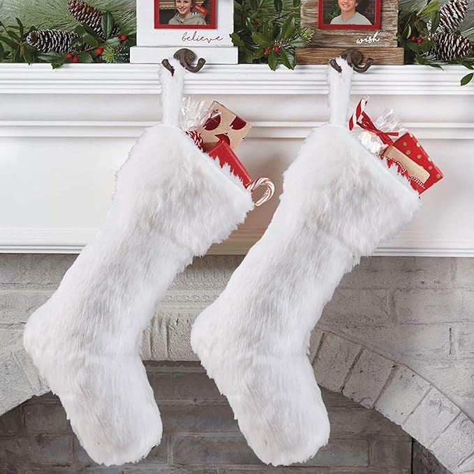 Arnech Christmas Stockings, 2 Pcs 18 inches Large Snowy Luxury Hanging White Faux Fur Christmas S... | Amazon (US)