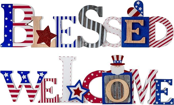 DECSPAS 4th of July Decorations, 2 PCS Large Size BLESSED WELCOME Sign 4th of July Patriotic Deco... | Amazon (US)