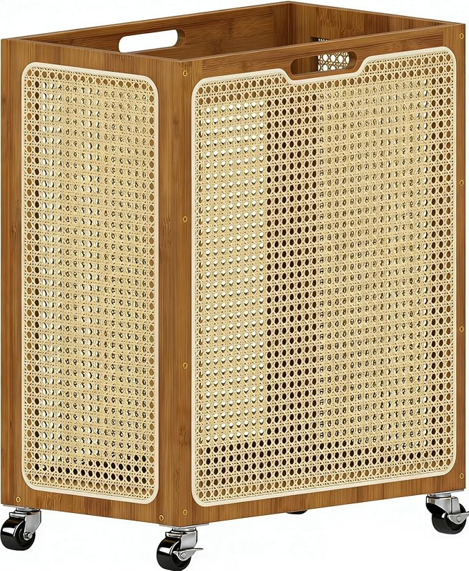 Laundry Hamper with Wheels, Decorative Boho Rattan Laundry Baskets, 90L Large Bamboo Dirty Clothe... | Amazon (US)