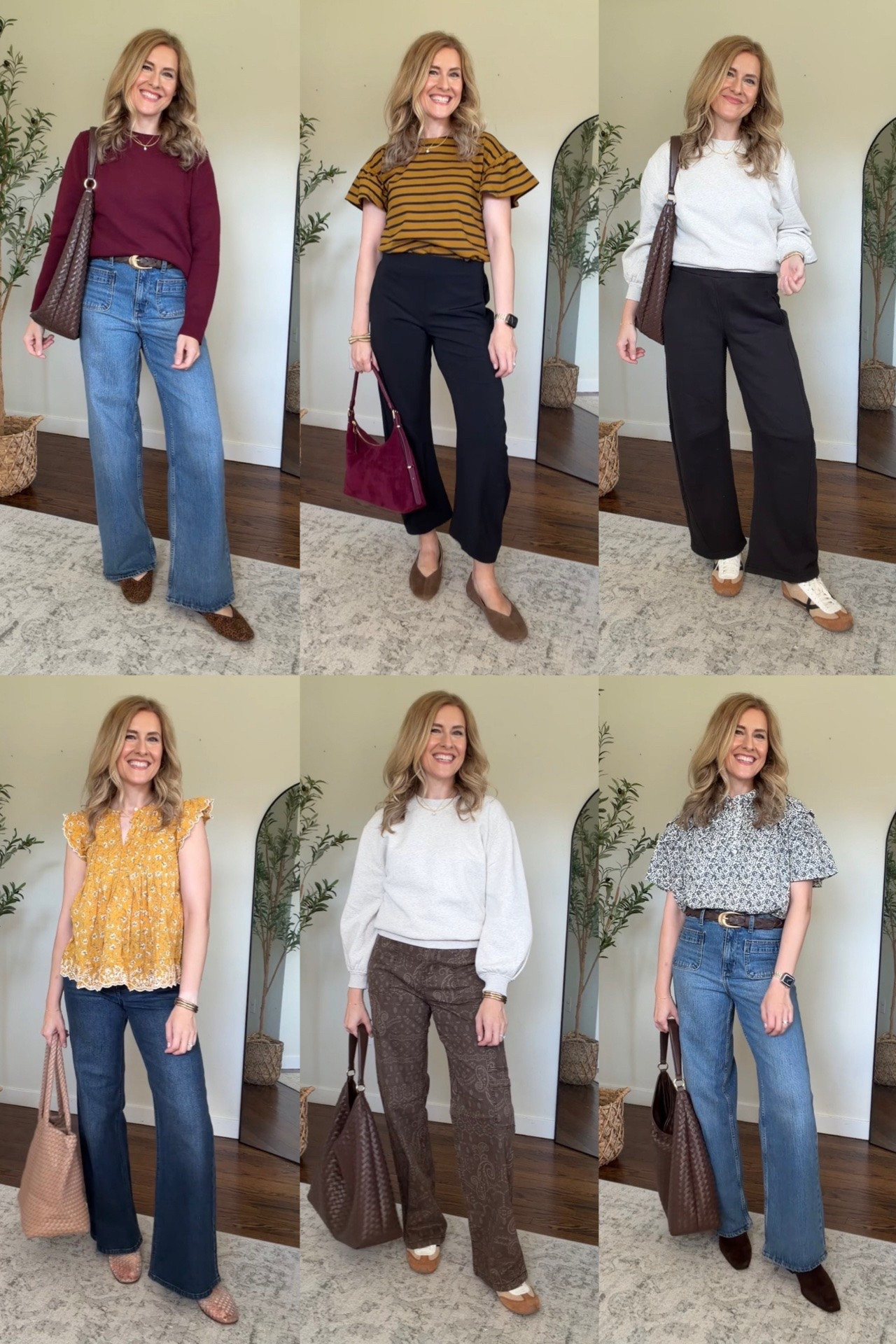 Walmart fall outfits! Red sweater size medium, yellow stripe top size small, Ruti pants size small, Sweatshirt size medium, yellow floral blouse size medium (has no stretch), barrel sweatpants size small, cargo pants size small (elastic at back waits), small in the black and white floral cotton top. #walmartfashion