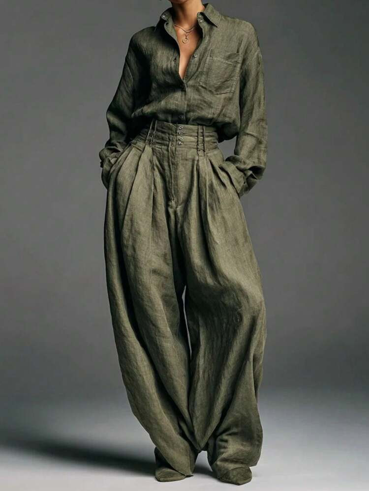 Women's Casual Solid Color Shirt Long Pants Two-Piece Set | SHEIN