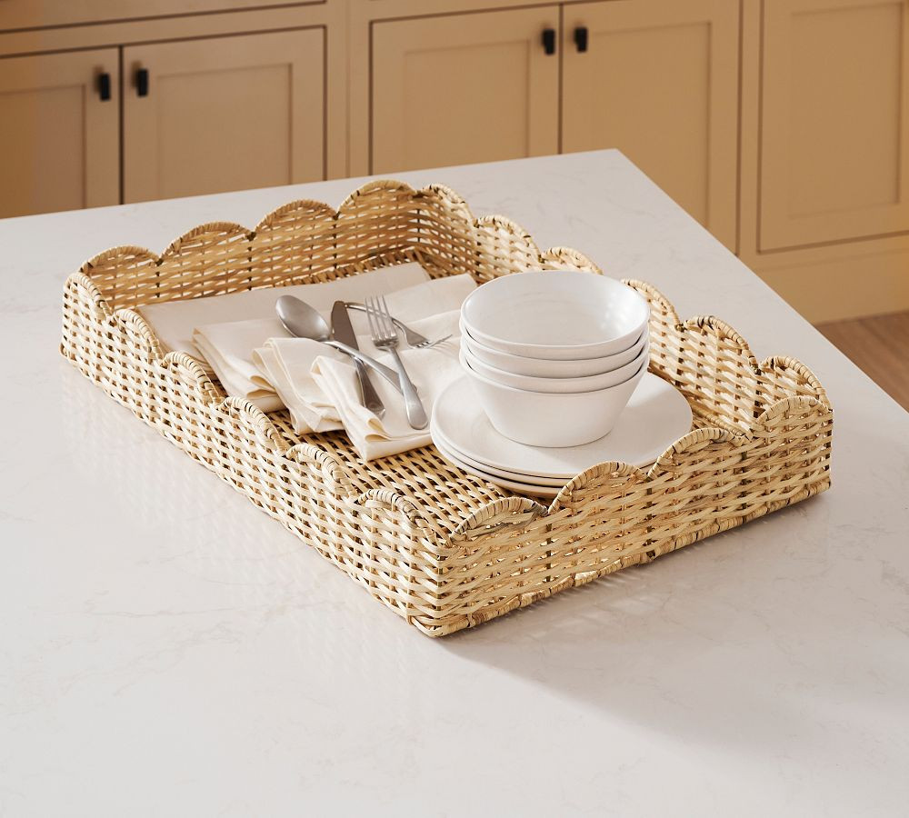 Beau Handwoven Scallop Rattan Tray | Pottery Barn (US)