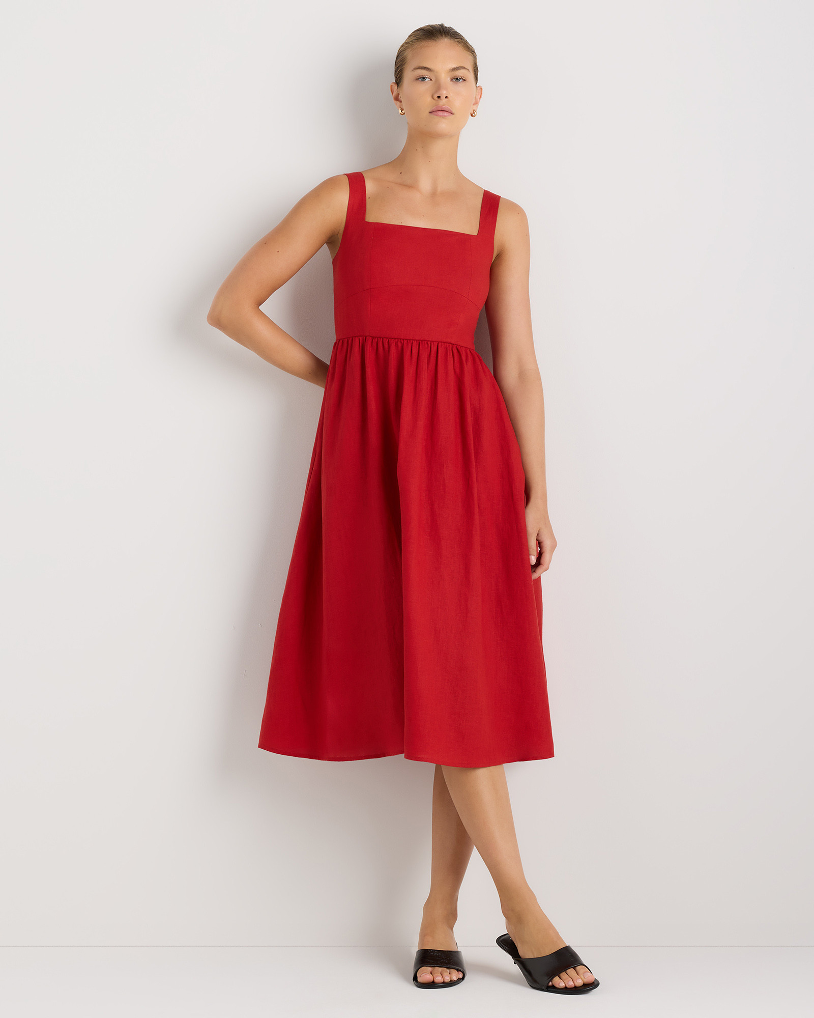 Quince | Women's 100% European Linen Fit & Flare Midi Dress in White, Size XS | Quince