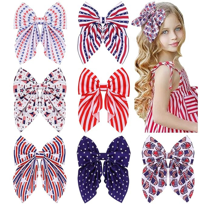 4th of July Hair Bows for Girls, Large Patriotic Fable Bow Handmade American Flag Hair Clips Inde... | Amazon (US)