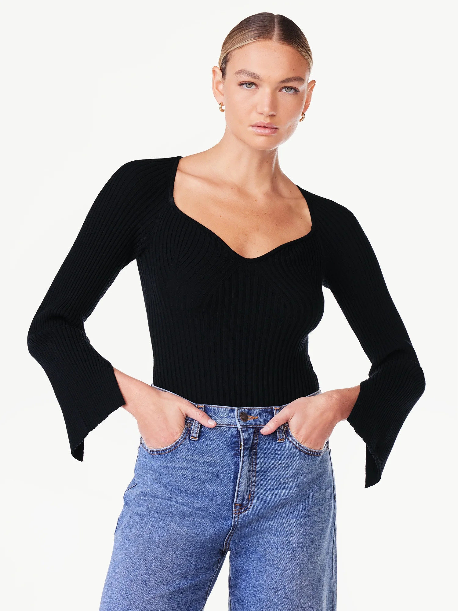 Scoop Women's Ribbed Bodysuit with Sweetheart Neck and Long Sleeves, Sizes XS-XXL - Walmart.com | Walmart (US)