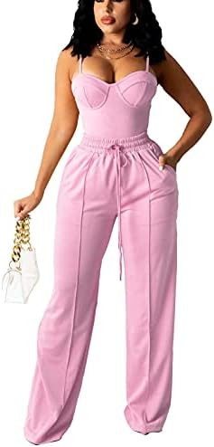 Bluewolfsea Women Sexy 2 Piece Outfits Jumpsuit Summer Sleeveless Cami Crop Top Wide Leg Long Pan... | Amazon (US)