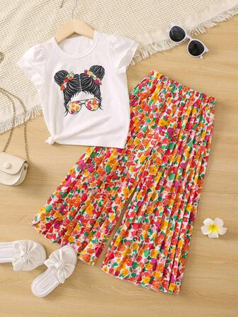 SHEIN Kids EVRYDAY Young Girl Flower Print Portrait Casual & Comfortable Short Sleeve Princess St... | SHEIN