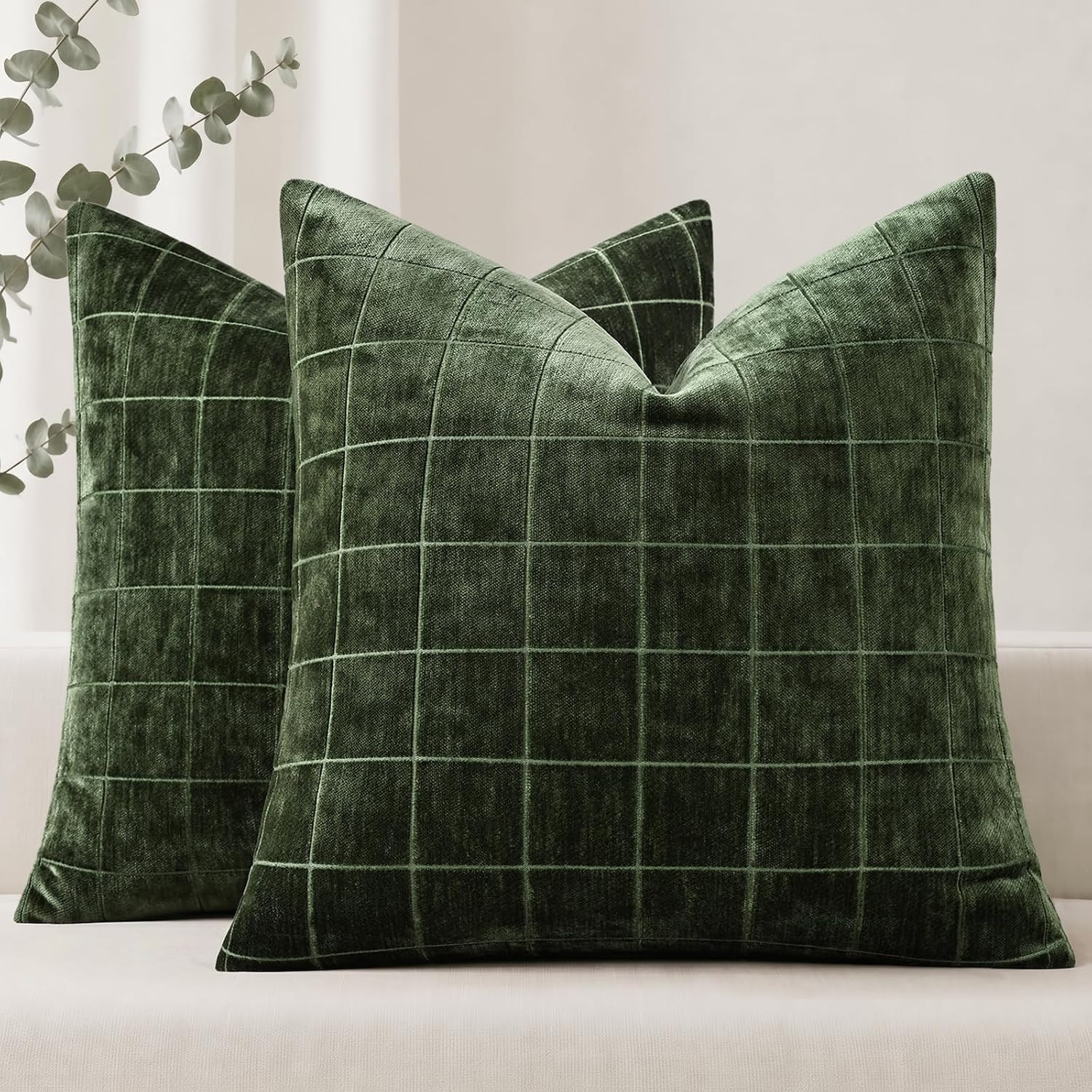 decorUhome Fall Plaid Olive Green Throw Pillow Covers 20x20 Set of 2 | Amazon (US)