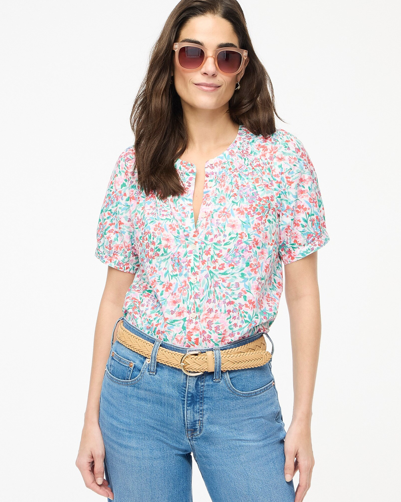 Linen-blend short-sleeve smock-neck top | J.Crew Factory