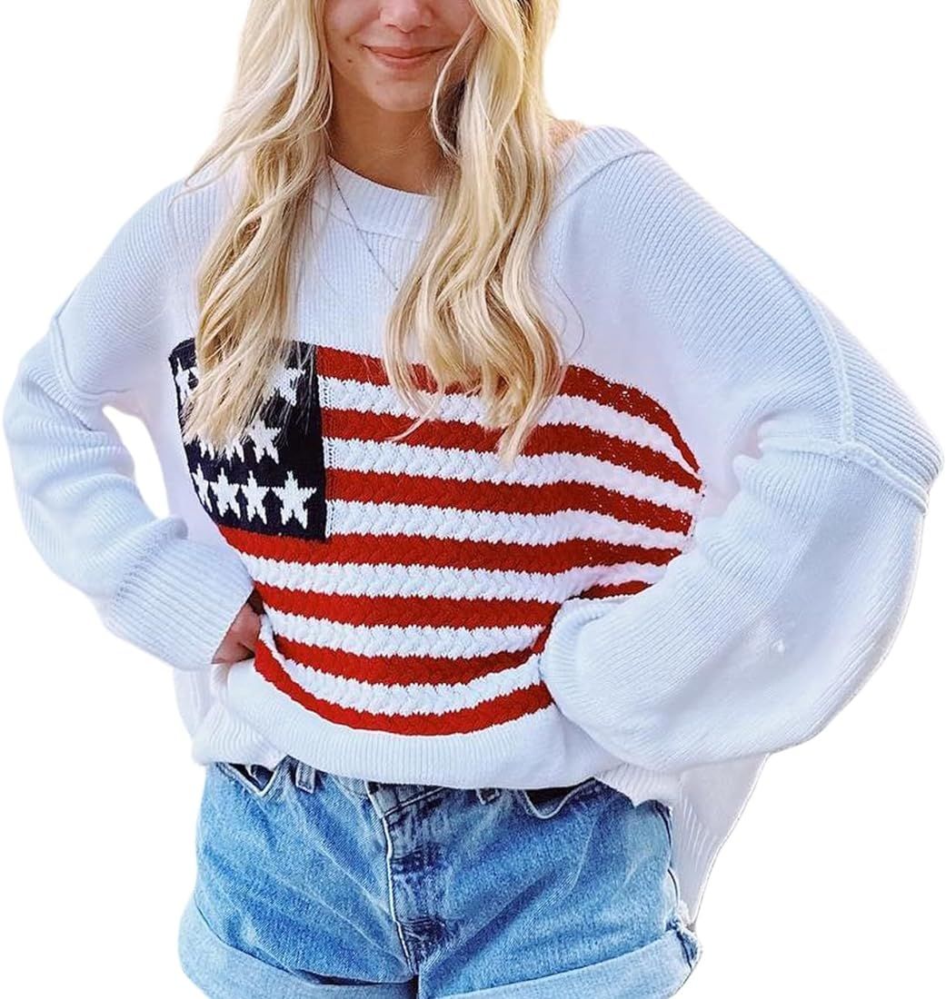 Women American Flag Sweater Vintage Print Long Sleeve Crewneck Knitted Jumper 90s Aesthetic Knit ... | Amazon (US)