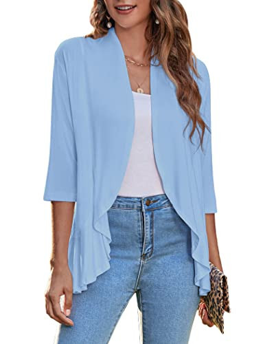 Zeagoo Women's Casual Lightweight Open Front Cardigans Soft Draped Ruffles 3/4 Sleeve Cardigan Light Blue L | Amazon (US)