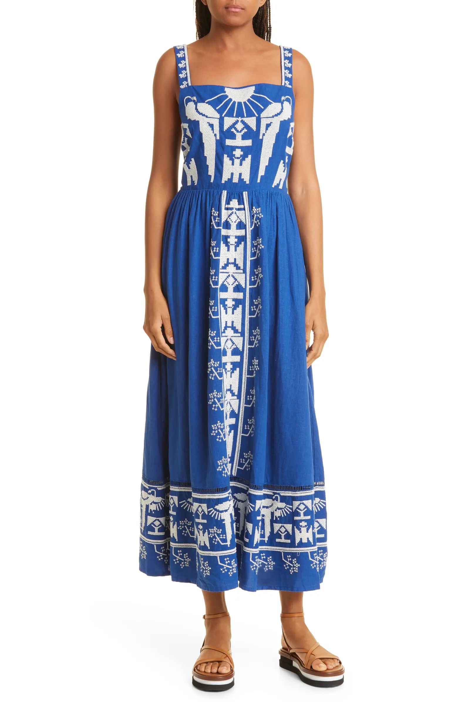 FARM Rio Macaw Embroidery Linen Blend Maxi Dress | Nordstrom | Nordstrom