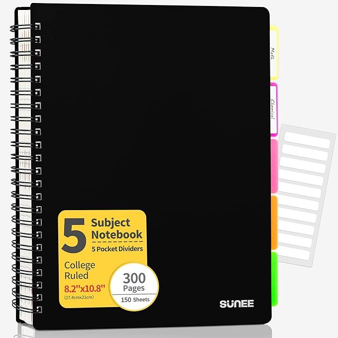 SUNEE 5 Subject Notebook College Ruled - 300 Pages, 8.2"x10.8", 5 Pocket Colored Dividers, 3-Hole... | Amazon (US)