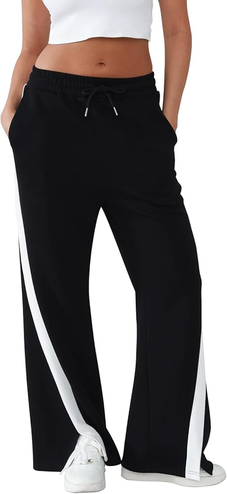 Women's Wide Leg Sweatpants Baggy Fit - Cotton Side Striped Track Pants with Pockets,High Waisted... | Amazon (US)