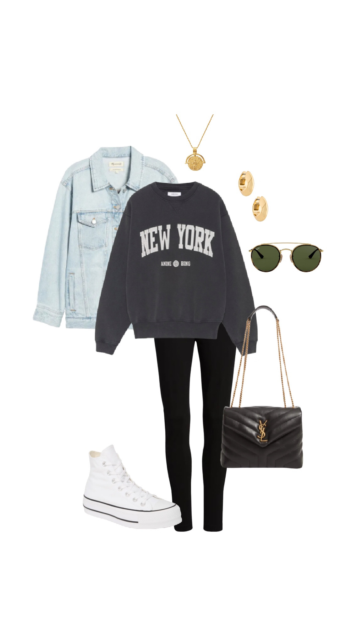 Casual weekend style for spring. NY sweatshirt, leggings, denim jacket, white high top sneakers 

#LTKunder100 #LTKSeasonal #LTKstyletip