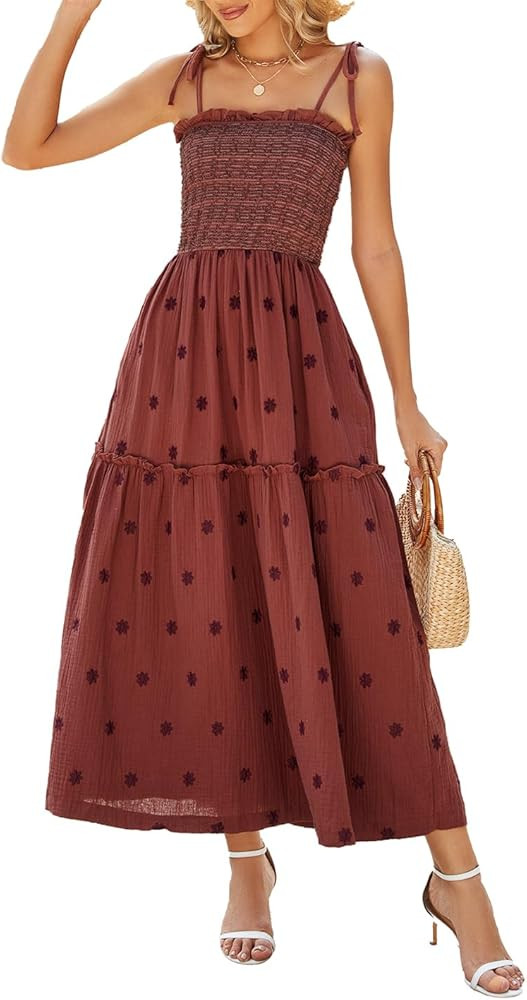 Women Floral Embroidered Maxi Dress Sleeveless Tie Shoulder Smocked Flowy Dress Boho Summer Sundr... | Amazon (US)