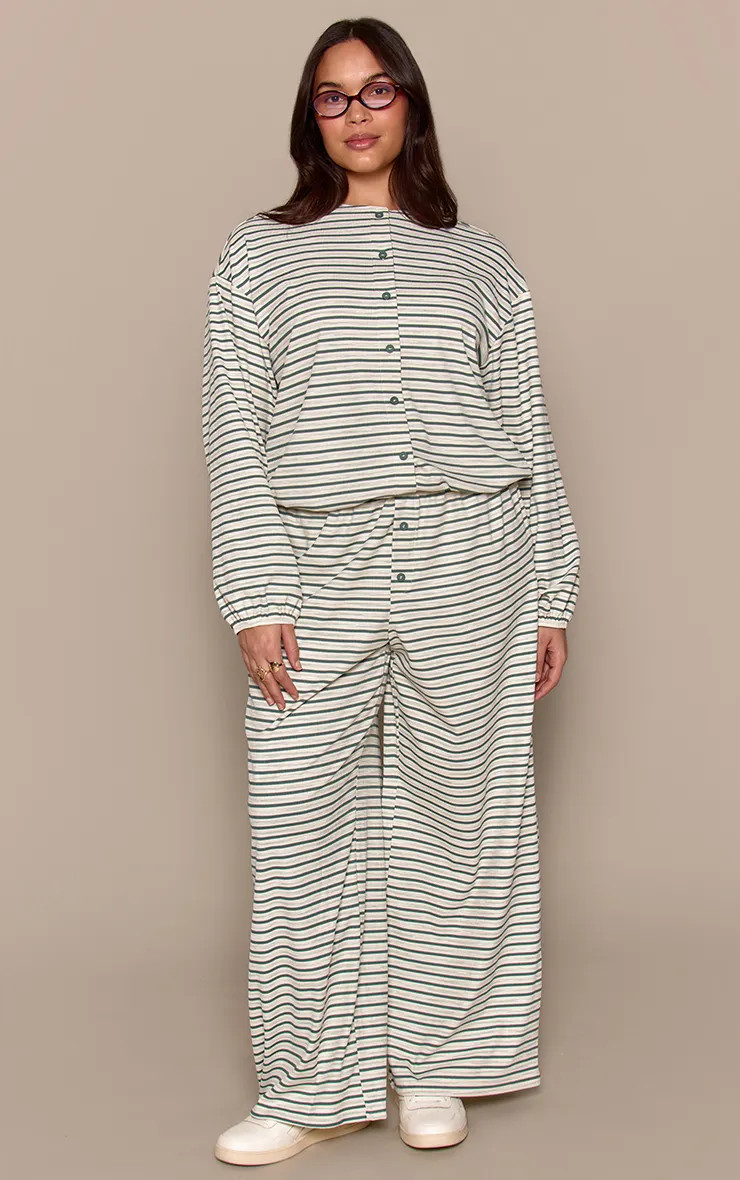 Teal Stripe Soft Rib Relaxed Elasticated Trousers | PrettyLittleThing | PrettyLittleThing UK