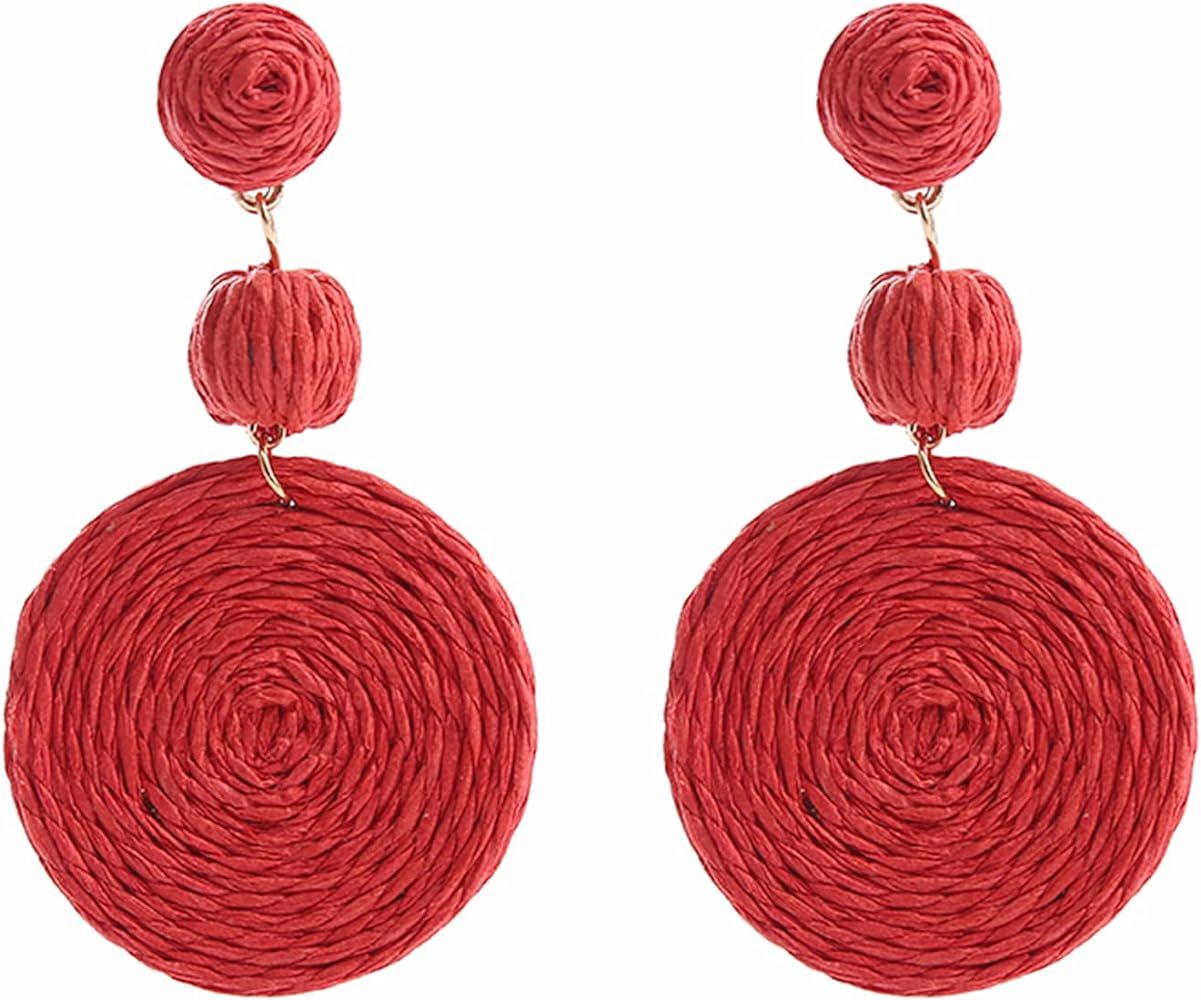 Boho Raffia Ball Earrings for Women, Handmade Statement Drop Earrings Straw Dangle Earrings Beach... | Amazon (US)