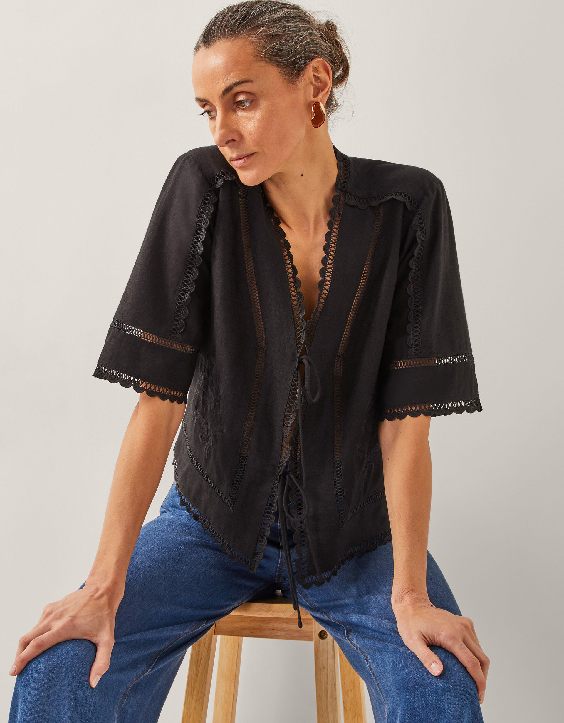 Hayley Embroidered Linen Blend Tie Top Black | Monsoon (UK)
