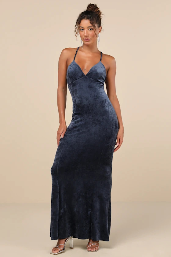 Immensely Luxe Navy Blue Velour Backless Mermaid Maxi Dress | Lulus