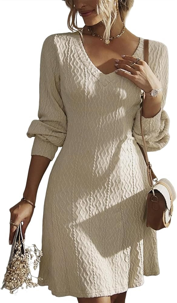Dokotoo Work Dresses for Women 2024 Trendy Fall Dresses V Neck Knit A Line Long Sleeve Dress Swea... | Amazon (US)