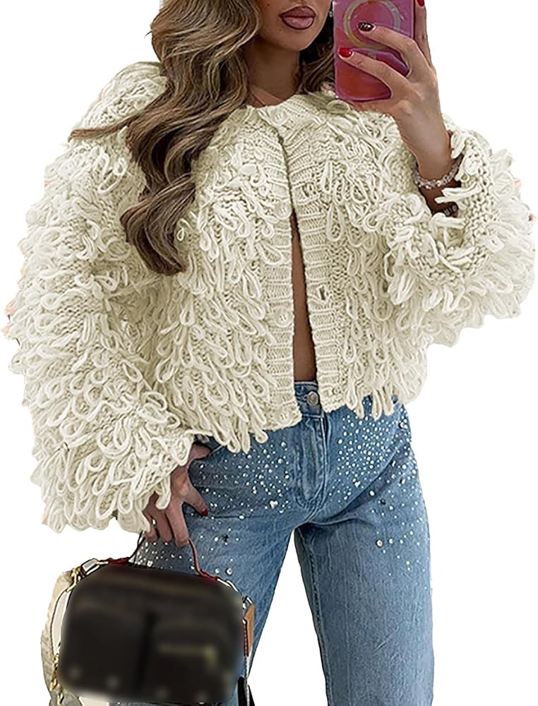 LETSVDO Women's Cropped Fringe Cardigan Sweaters Long Sleeve Knit Tassel Y2k Button Up Open Front... | Amazon (US)