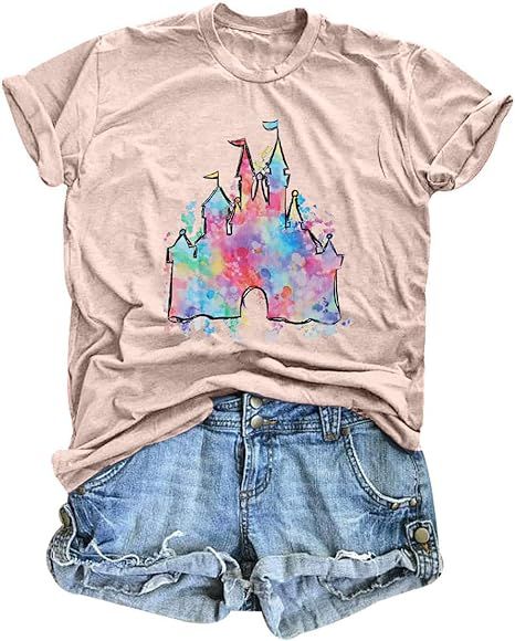 LUKYCILD Magic Castle Shirt Cute Graphic Short Sleeve T-Shirt Casual Holiday Vacation Tops Pink | Amazon (US)