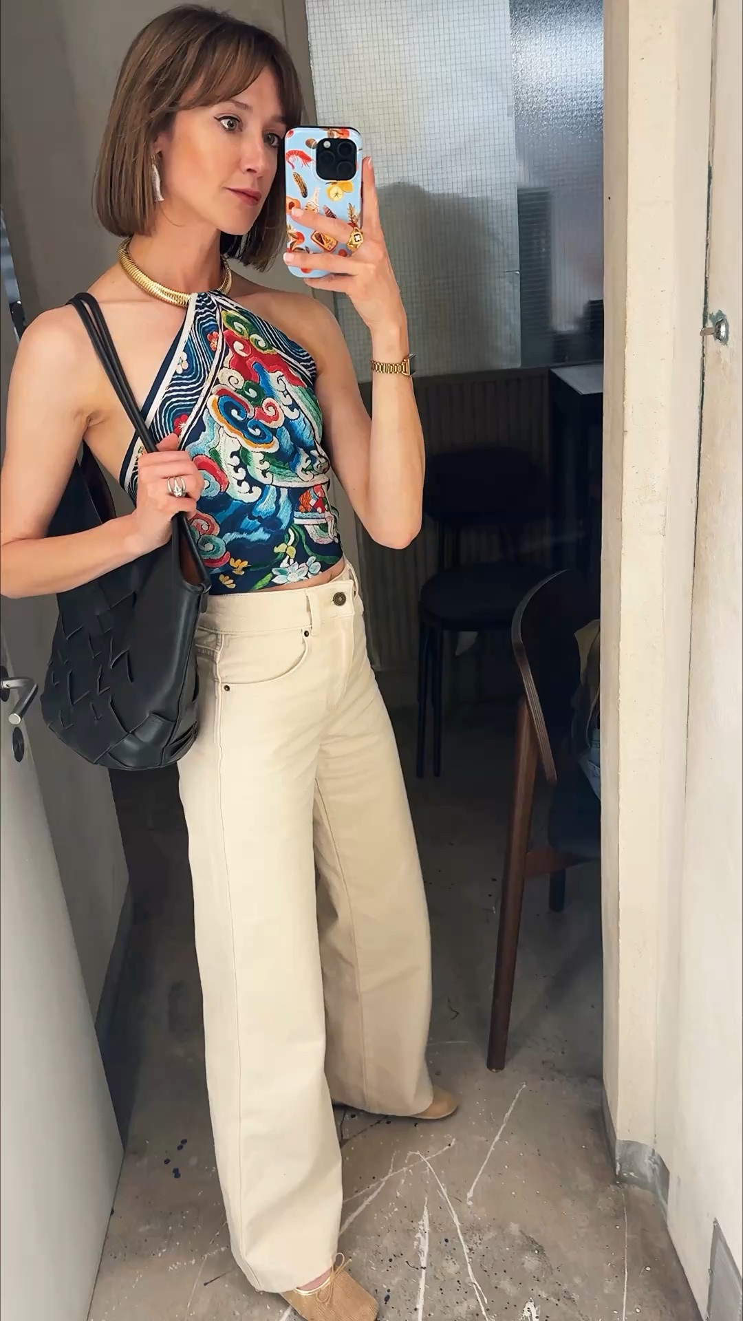 An easy travel hack? Style your scarf as a top like I did here with a large silk scarf and gold collar necklace.