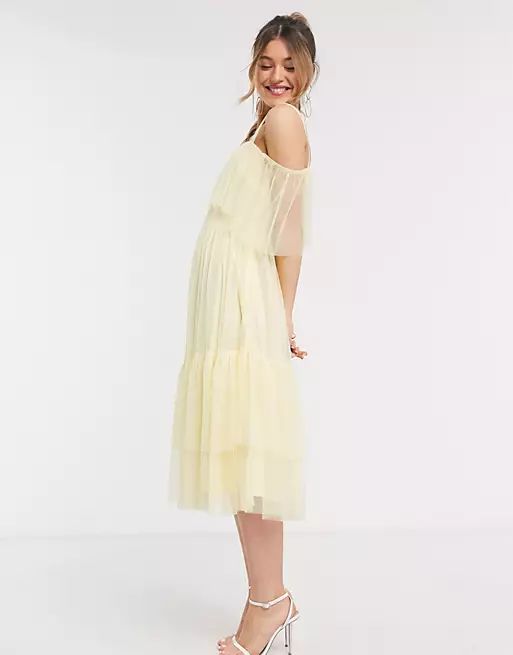 Anaya With Love frilly one shoulder tiered midi dress in yellow | ASOS (Global)