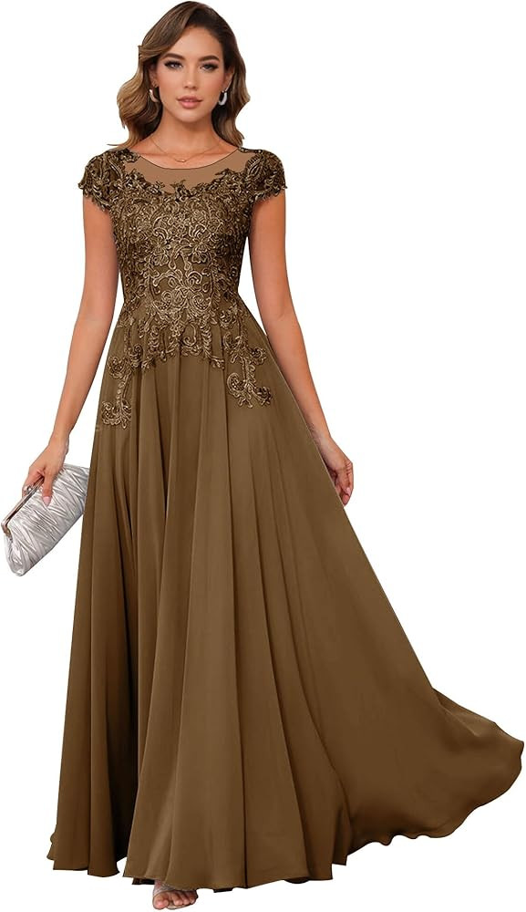 AKLASU Mother of The Bride Dresses Chiffon Lace Applique Short Sleeve Mother of The Groom Dress L... | Amazon (US)