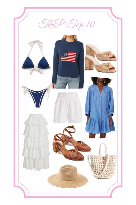 Top 10, American flag sweater, forth of July, Memorial Day, white shorts, chambray shirt, chambray shirt dress, chambray dress, bikini, string bikini, white tiered skirt, ruffles skirt, espadrilles, woven heels, Margaux, block heels, mules, straw hat, woven bag, straw bag, warm weather, Memorial Day weekend, long weekend

#LTKfit #LTKSeasonal #LTKunder100