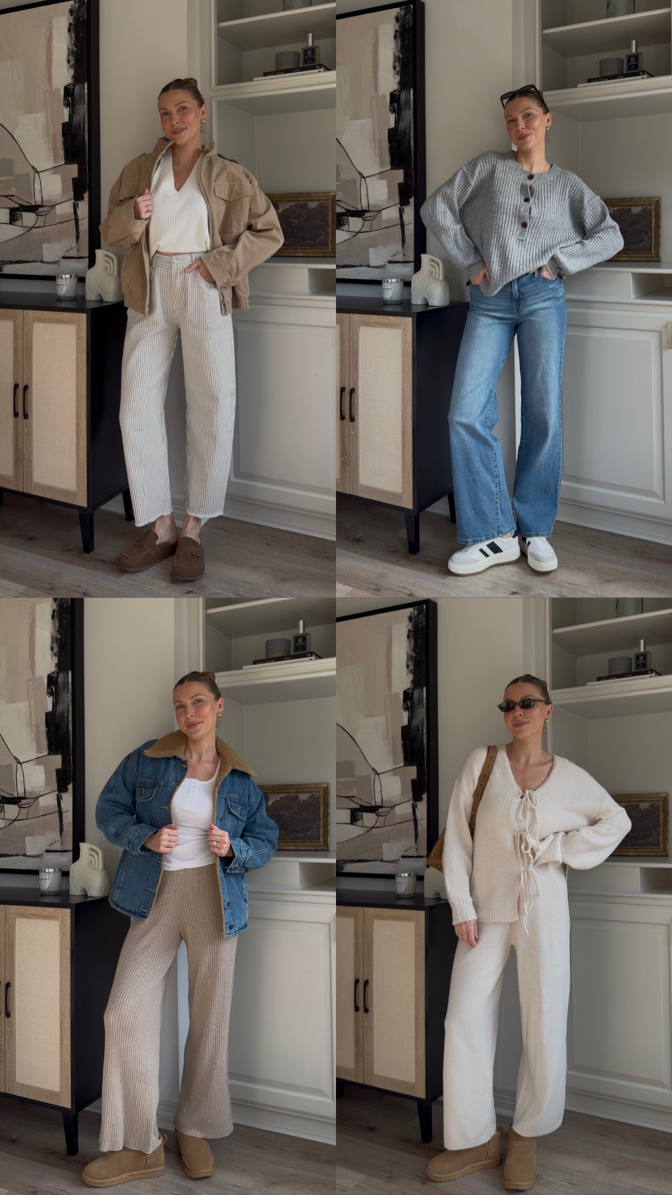 Chic, but comfy nursing friendly outfit ideas for winter! Size: S vneck sweater, denim, suede jacket, M grey sweater, S white long sleeve + M in denim jacket, sweater pants + white matching set.  

 #LTKootd #LTKTall #LTKFindsUnder100