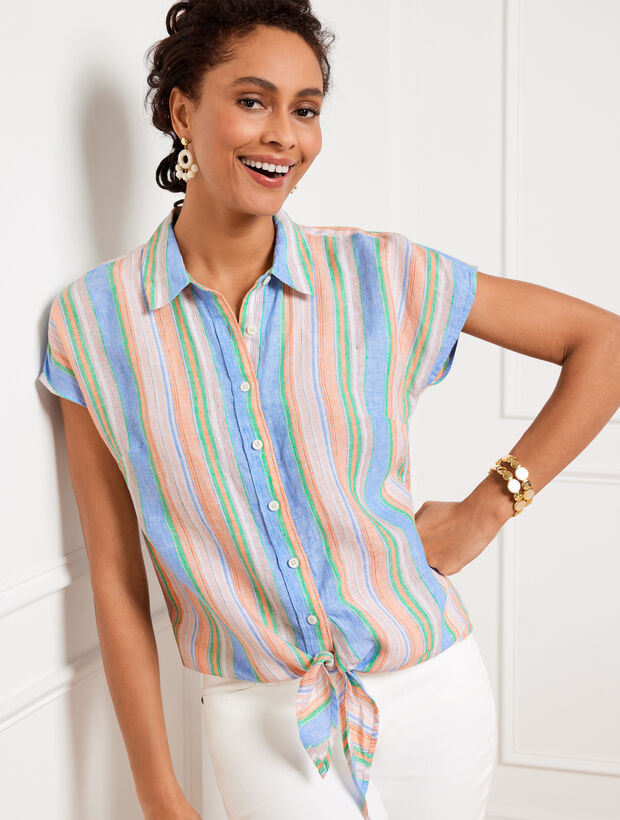 Linen Tie Hem Button Front Top - Swing Stripe | Talbots