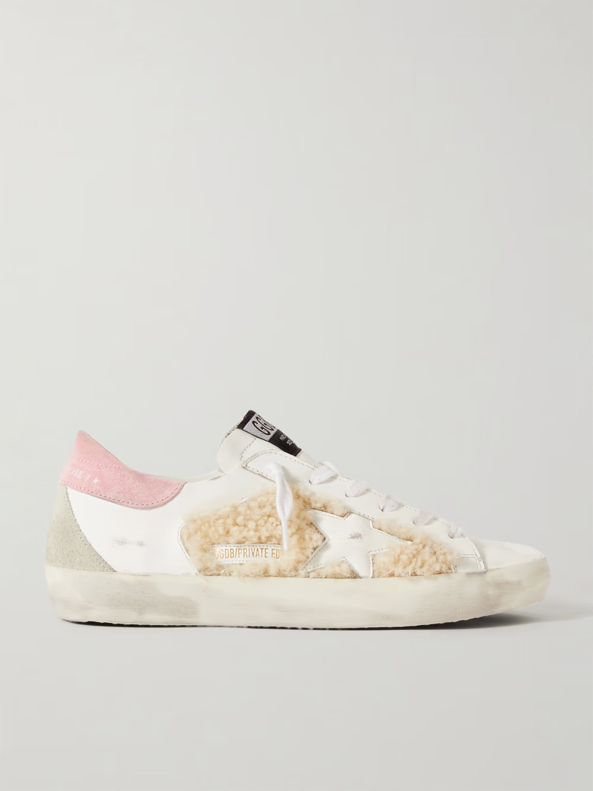 Superstar shearling-trimmed distressed leather and suede sneakers | NET-A-PORTER (US)
