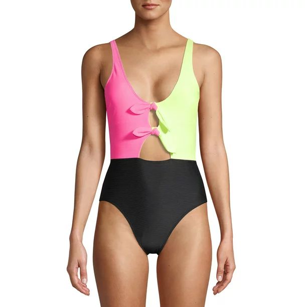 No Boundaries Juniors' Neon Colorblock One-Piece Swimsuit | Walmart (US)