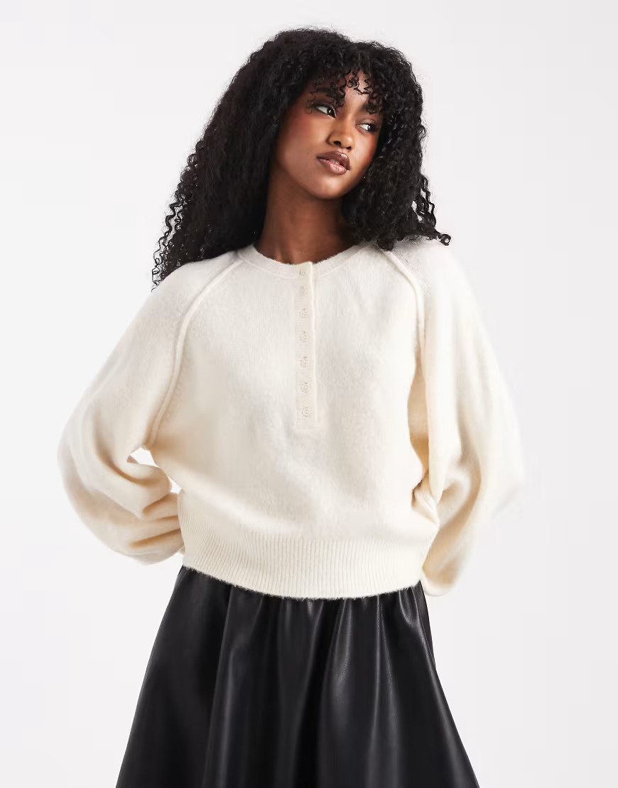 ASOS DESIGN knitted long sleeve henley jumper in cream-White | ASOS (Global)