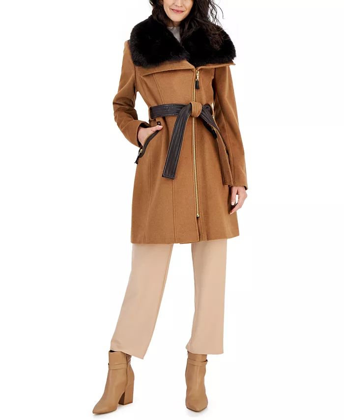 Women's Asymmetric Faux-Fur-Collar Wrap Coat | Macy's