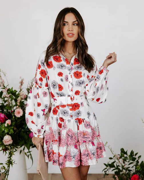 Katherine Floral Belted Tiered Mini Dress | VICI