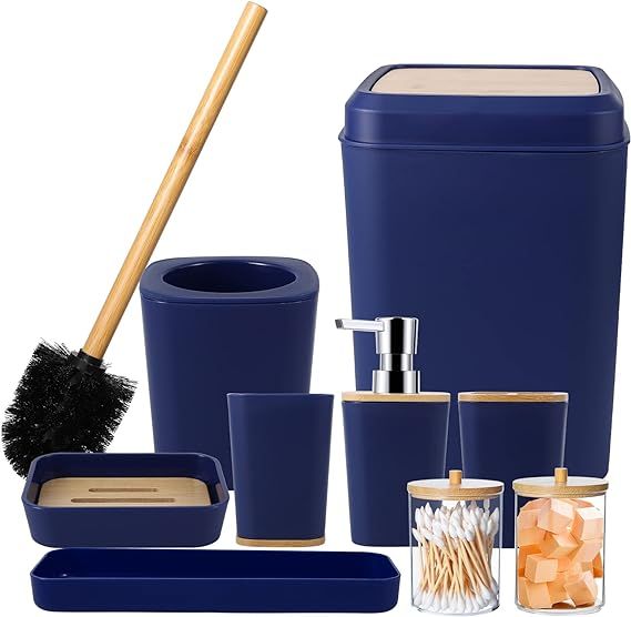 Navy Blue Bathroom Accessories Set, 9 Piece Bathroom Accessory Set with Trash Can,Toothbrush Hold... | Amazon (US)