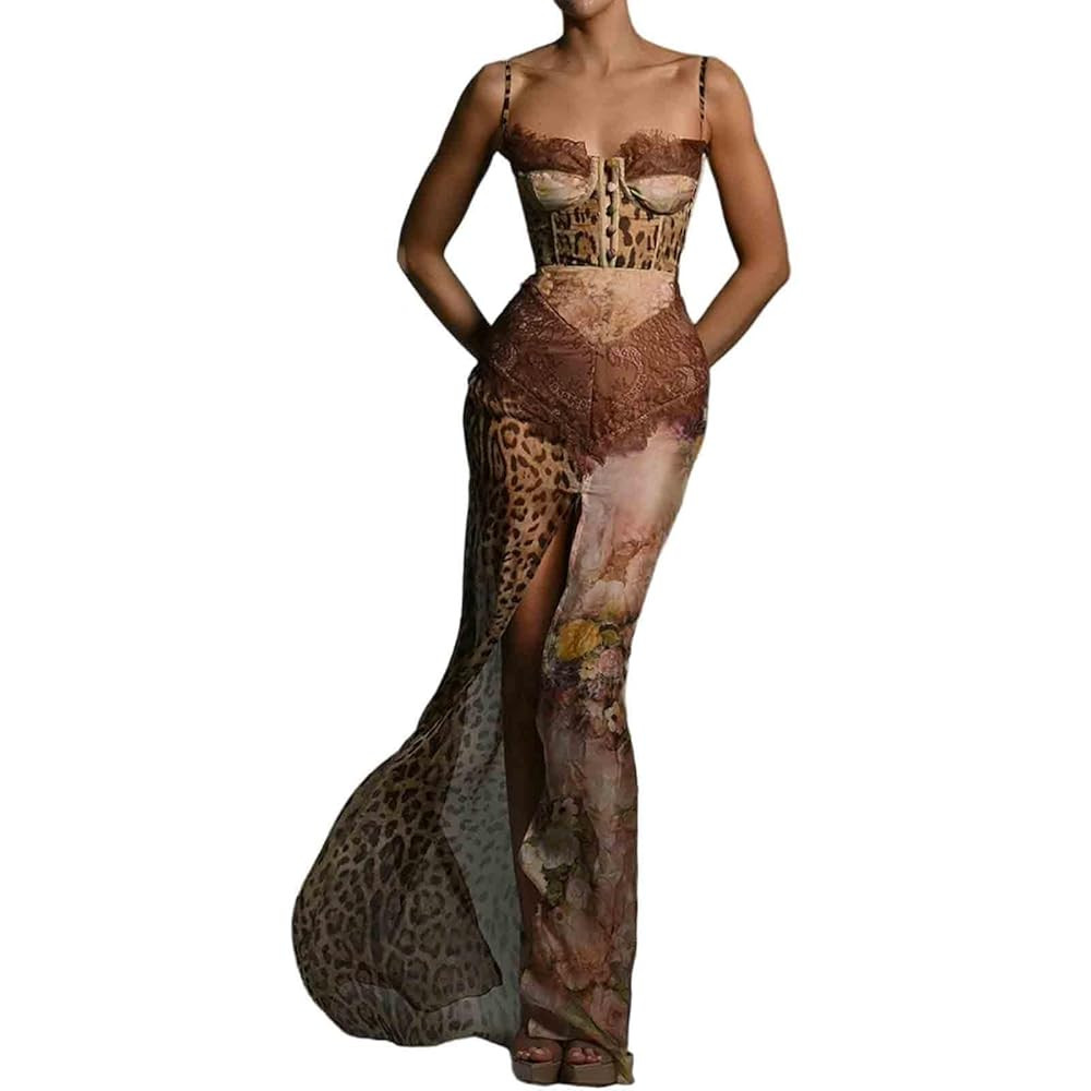 Women's Sexy Slim fit Chiffon Dress with Leopard Print Patchwork lace Slit Suspender Skirt and Fl... | Amazon (US)