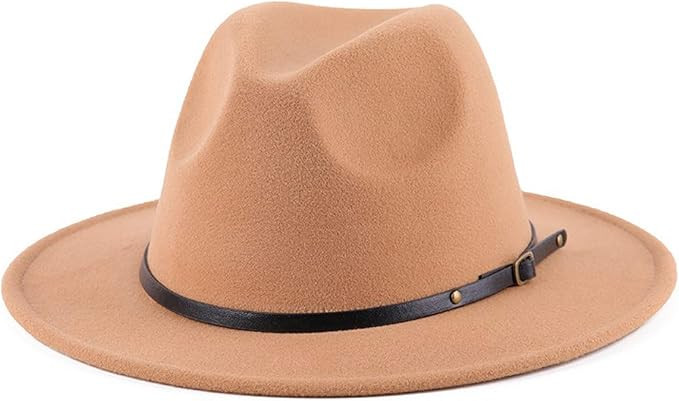 Womens Classic Wide Brim Fedora with Belt Buckle Wool Panama Felt Hat | Amazon (US)