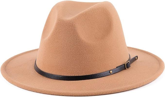 Womens Classic Wide Brim Fedora with Belt Buckle Wool Panama Felt Hat | Amazon (US)