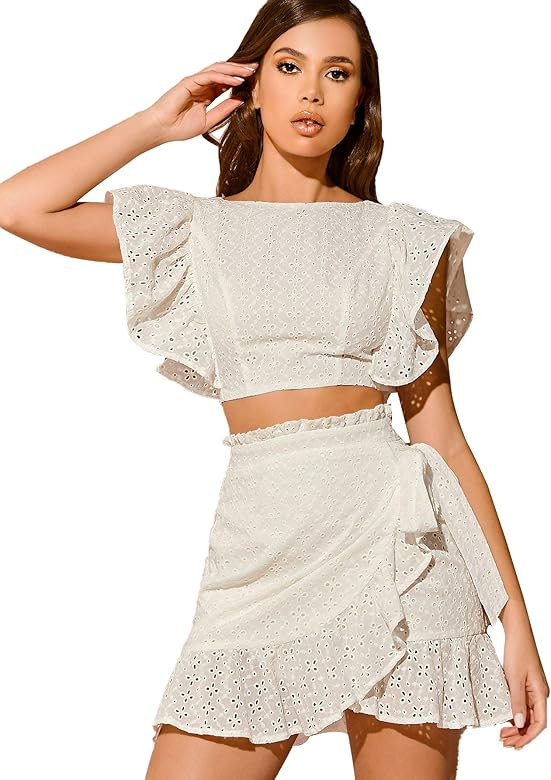 Women's Two Piece Ruffle Trim Cami Crop Top and Wrap Skirt Set | Amazon (US)